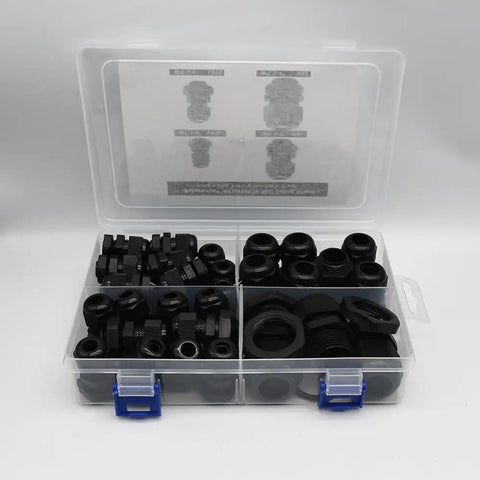 Waterproof NPT Cable Glands Kit with threads adjustable seals, 35-piece black set with gaskets in a plastic case