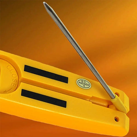 Yellow HVAC Differential Temperature Folding Pocket Thermometer With Backlit Display And Magnetic Mount, folding probe close-up