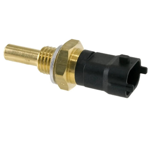 Engine coolant temperature sensor with brass threaded body and black plastic electrical connector (side view)