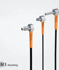Three L-shaped M3 fiber optic sensors with threaded design and two-meter cables, used in industrial automation.