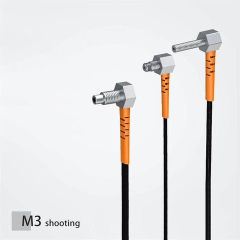 Three L-shaped M3 fiber optic sensors with threaded design and two-meter cables, used in industrial automation.