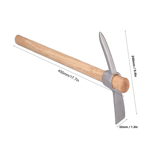 Hand Mattock Pick Axe Seventeen Point Seven Inch Garden Tool with beech wood handle and sharp stainless steel tines