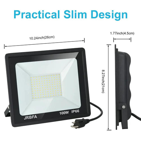 2 Pack 100W LED Flood Lights Outdoor With Plug, 10000lm High Brightness Daylight 6500K IP66 Waterproof Exterior Floodlights for Backyard.