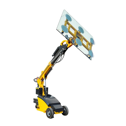 Heavy Duty Mobile Hydraulic Glass Vacuum Lifter lifting large glass panel with multiple suction cups, portable design for job sites.