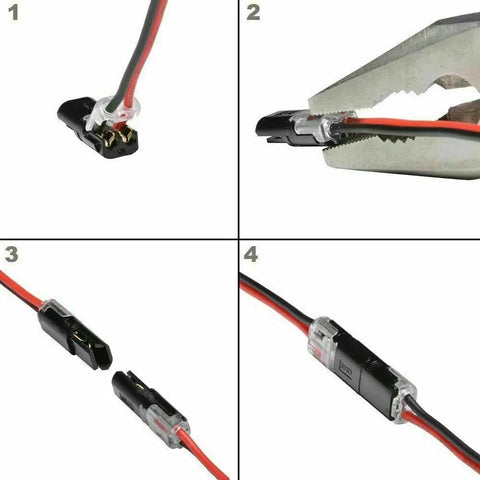 Step-by-step assembly of 20Pcs 2 Pin Spring Wire Connectors No Soldering Required Screwless Quick Connectors for LED strip lights.
