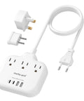 US To Europe Travel Plug Adapter With Three US Outlets And Four USB Ports, Three Foot European Power Cord, 7 In 1 International Travel Power Strip Type C For Europe EU Germany France Italy Spain White, showing adapters and cord
