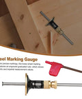 Solid Brass Wheel Marking Gauge Kit Featuring Metric Micro Adjuster Ruler And Hardened Steel Cutter For Bullseye Accurate Wood Scribing on a wooden surface.