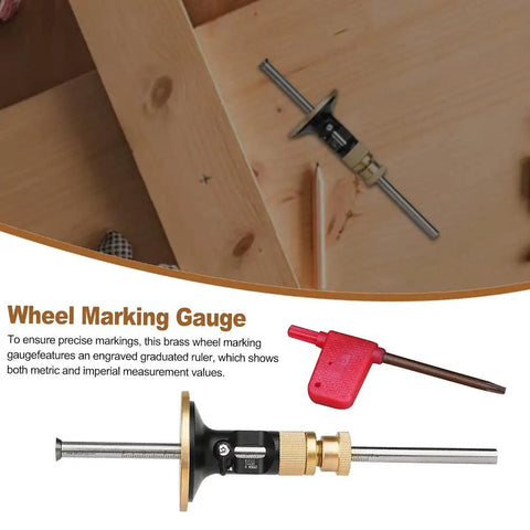 Solid Brass Wheel Marking Gauge Kit Featuring Metric Micro Adjuster Ruler And Hardened Steel Cutter For Bullseye Accurate Wood Scribing on a wooden surface.
