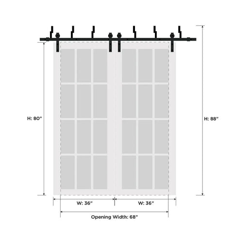 Diagram of Frosted Glass Sliding Barn Door Set For Closets With Matte Black Hardware Two 42x96 Panels 84 Wide Total 8 Ft Rails