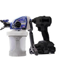 Professional Grade Drill Powered Paint Sprayer with white FlexLiner bag, fits standard drills for easy DIY renovations.
