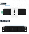 Back view of six port hardened industrial Gigabit PoE Plus DIN rail fiber network switch with mounting options.