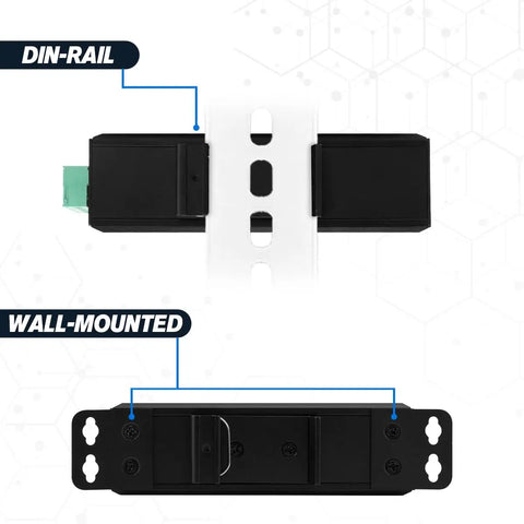 Back view of six port hardened industrial Gigabit PoE Plus DIN rail fiber network switch with mounting options.