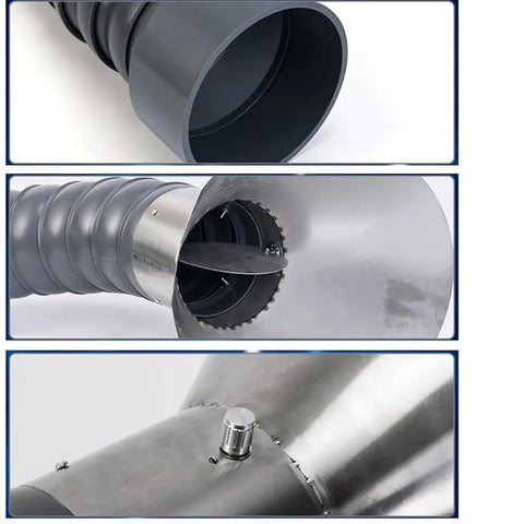 Tough As Nails Articulated Fume Extractor Hose With Heavy Duty Stainless Steel Hood and Full Swivel Flex Duct Tube for Hot Welding Smoke Dust Collection Quick Rig showing details of the connector and hood.