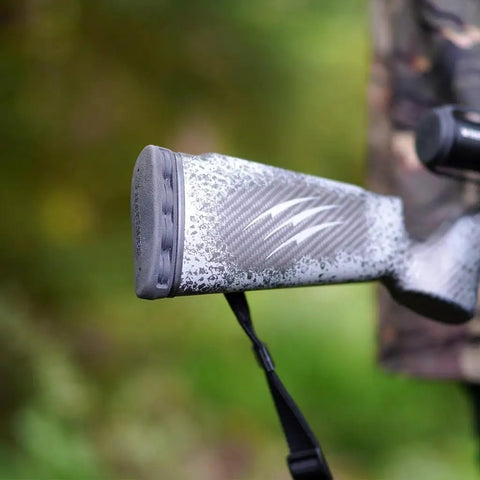 Close-up of AirTech Precision-Fit Recoil Pad For Baikal Benelli Franchi And Stoeger Shotguns, black, on shotgun stock.