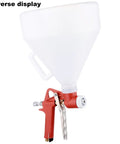 Pro Grade Air Texture Spray Gun With 1.58 Gallon Tank And Easy Swap 4 6 8 Millimeter Tips showing a reverse display with red handle and white hopper.