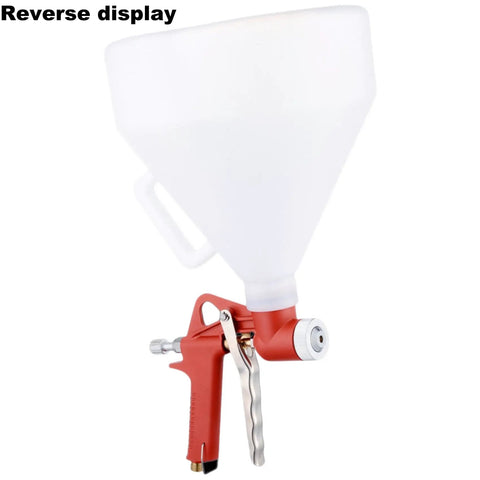 Pro Grade Air Texture Spray Gun With 1.58 Gallon Tank And Easy Swap 4 6 8 Millimeter Tips showing a reverse display with red handle and white hopper.
