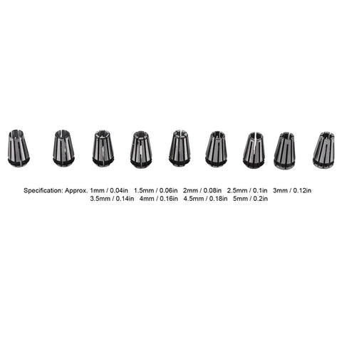 Top Tier 9 Piece Collet Chuck Set For CNC Engraving And Milling with sizes from 1mm to 5mm for precision cutting.
