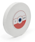 Heavy Duty Benchtop Grinding Wheel 5 Inch 100 Grit White Corundum Shop Ready Workhorse showing side view with blue core.