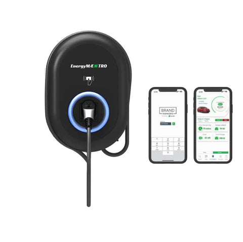 32 Amp Level 2 Commercial EV Charger Bundle With 7.5 kW Station, featuring EnergyMAESTRO app on mobile devices