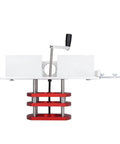 Premium Stainless Steel Router Table Lift System With Precision Insert Base Plate showing side view with red base and depth adjustment lever.