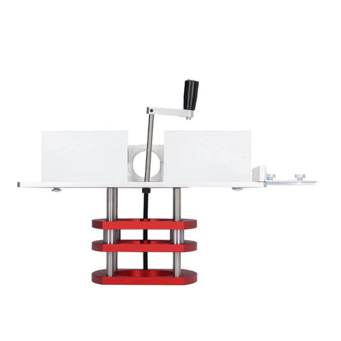 Premium Stainless Steel Router Table Lift System With Precision Insert Base Plate showing side view with red base and depth adjustment lever.