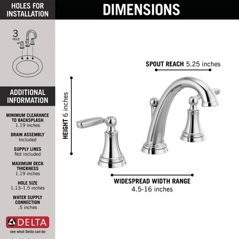 Woodhurst Chrome 3 Hole 8 Inch Widespread Bathroom Faucet for Vanity dimensions with spout and handle measurements