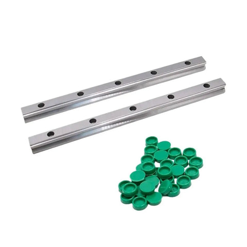 Shop Grade HGR25 Steel Linear Guide Rail With Matching Slider, two silver rails and green plastic end caps for CNC and 3D printer builds.