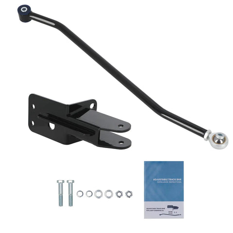 Adjustable Front Track Bar For Jeep Cherokee XJ 1984 To 2001 Center Axle After Lift Kit 4 To 6.5 Inch Easy To Adjust Length 790 To 830 Mm With Relocation Bracket Keeps Your Rig Aligned On Trails And Daily Driving black steel track bar, bracket, bolts, and manual