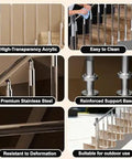 28 Pc Clear Acrylic Safety Rails For Outdoor Steps And Decks, Weatherproof Stair Balusters With A No Sweat Install, Straightup Durable Guards That Really Kick Up Your Patio Vibe, features diagrams of high-transparency acrylic and stainless steel.