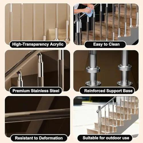 28 Pc Clear Acrylic Safety Rails For Outdoor Steps And Decks, Weatherproof Stair Balusters With A No Sweat Install, Straightup Durable Guards That Really Kick Up Your Patio Vibe, features diagrams of high-transparency acrylic and stainless steel.