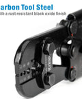 Close-up of All In One Wire Rope Swaging Tool With Built In Cutter for aluminum and copper sleeves, black oxide finish.