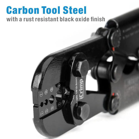 Close-up of All In One Wire Rope Swaging Tool With Built In Cutter for aluminum and copper sleeves, black oxide finish.