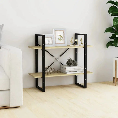 Two-Tier Book Cabinet In Sonoma Oak Finish Made From Engineered Wood - Sturdy Storage Shelf with decor, showing size and design