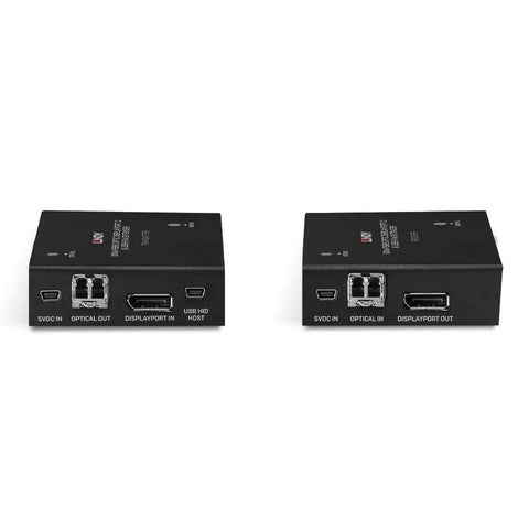 Top Shelf KVM Extender Kit With DisplayPort 1.2 And USB Over Fiber Optic Cable Stretching Up To 300M, two units with ports visible.
