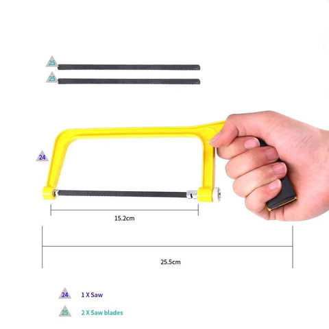 Hand holding saw with dimensions from 87 Piece Gundam Model Kit Tools Set For Beginners No Fuss Craft Kit With Durable Plastic Storage
