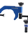 Side view of blue Accusize dial test indicator holder with knurled adjustment screws and crossbar.