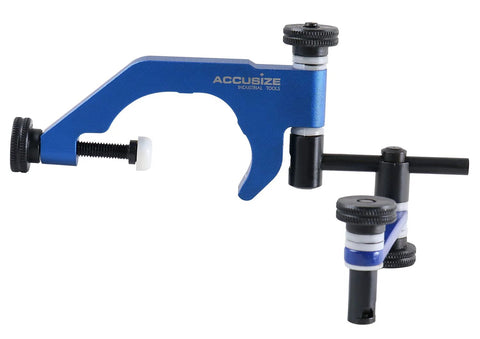 Side view of blue Accusize dial test indicator holder with knurled adjustment screws and crossbar.