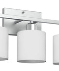 Three Bulb Over Mirror Bathroom Vanity Light In Brushed Nickel Finish Rustproof Wall Sconce Perfect For Wet Locations, featuring three white glass shades.