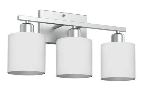 Three Bulb Over Mirror Bathroom Vanity Light In Brushed Nickel Finish Rustproof Wall Sconce Perfect For Wet Locations, featuring three white glass shades.