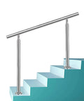 Built Tough Stainless Steel Floor Mounted Outdoor Stair Handrail With Real Deal Grip Adjustable Height Up To Forty Three Inches Includes All Hardware Quick Snap Install For Legit Home Safety on blue stairway.