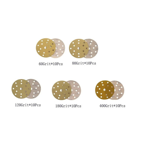 Get Your Hands On 50 Pack Of 6 Inch Sanding Discs With 15 Holes For Super Smooth Finish And Fast Work On Wood Metal Or Plastic Projects Using Grit Ranges From 60 To 400 For Every Job You Hit. Multiple grit sanding discs showcased.