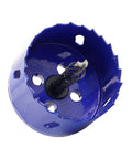 Blue Luomorgo 60mm hole saw with center pilot and spring-loaded arbor.