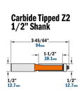 Heavy Duty Half Inch Shank Flush Trim Router Bit With Matching Ball Bearing showing dimensions and carbide tip detail.