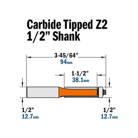 Heavy Duty Half Inch Shank Flush Trim Router Bit With Matching Ball Bearing showing dimensions and carbide tip detail.