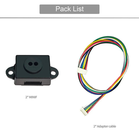 Pack list showing Lidar Sensor Scanner For 0 To 4m ToF Ranging Module and adapter cable for drones and robot rigs.