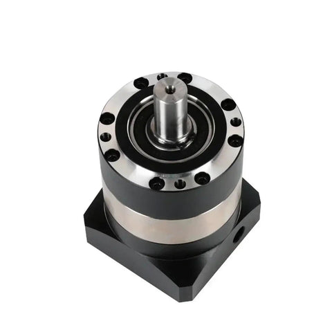 Heavy Duty Round Flange Planetary Gearbox Delivers Rock Solid Torque Conversion With Ultra Low Backlash For Motor Reducer Projects And Knockout Smooth Cruising At Four To One Ratios In Red, top view.