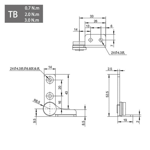 Flozari 304 stainless steel rotary shaft torque hinge with damping; TA-Right, 3.0 N.m (technical drawing)