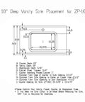 Diagram of 18 inch vanity sink placement for ZP-1611 with dimensions for undermount white bathroom sink 16 by 11 narrow rectangular vanity sink with overflow vitreous china ceramic fits 18 inch vanity opening 16 by 11 modern durable bath fixture easy install.