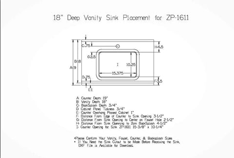 Diagram of 18 inch vanity sink placement for ZP-1611 with dimensions for undermount white bathroom sink 16 by 11 narrow rectangular vanity sink with overflow vitreous china ceramic fits 18 inch vanity opening 16 by 11 modern durable bath fixture easy install.