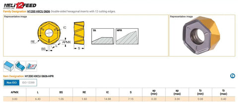 Pro Grade H1200 HXCU 0606 HPR IC830 hexagonal carbide insert with 12 cutting edges, diagram and side view